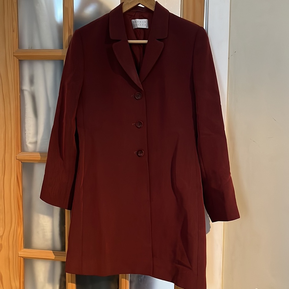 PRECIS PETITE Long Blazer Suit Coat Burgundy Maroon Windsmoor Trench Chic Jacket